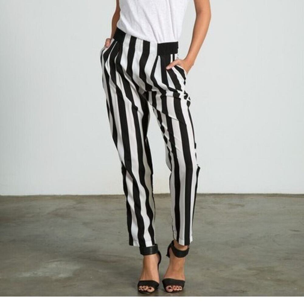 NWT Sans Souci Striped Lightweight Satin Feel Trouser Ankle Pant M Black White